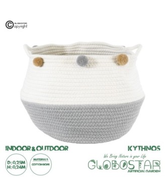 GloboStar® Artificial Garden KYTHNOS 20313 Διακοσμητικό Πλεκτό Καλάθι - Κασπώ Γλάστρα - Flower Pot Γκρι με Λευκό Φ25cm x Υ24cm